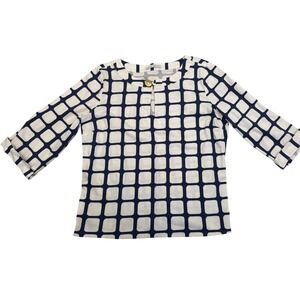 Bald Head Blues Women Navy White Square Print 3/4 Sleeve Tunic Top Gold Button